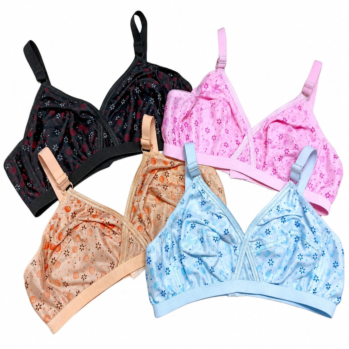 Pack Of 4 Women Ladies Girls Classy Multi Colour Jersey Printed Bra Brief Blouse Brazier Brassie - Comfortable Daily Innerwear Set